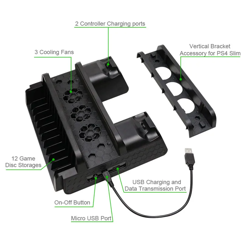  For PS4/PS4 Slim/PS4 Pro Vertical Stand with Cooling Fan Dual Controller Charger Charging Station F