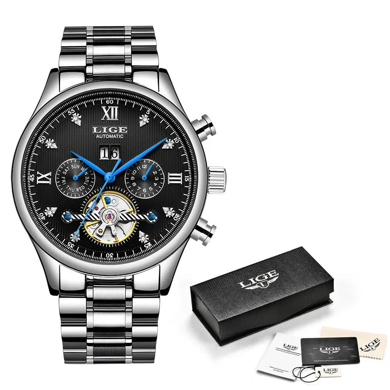 Мужские часы лучший бренд LIGE новые роскошные модные деловые автоматические механические часы мужские все стальные водонепроницаемые часы Montre Homme - Цвет: s silver black