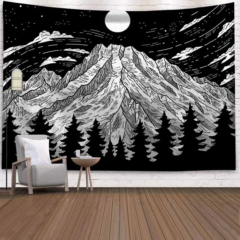 Black And White Mountain Forest Tapestry Wall Hanging Backdrop Decor Trippy Mandala Psychedelic | Дом и сад