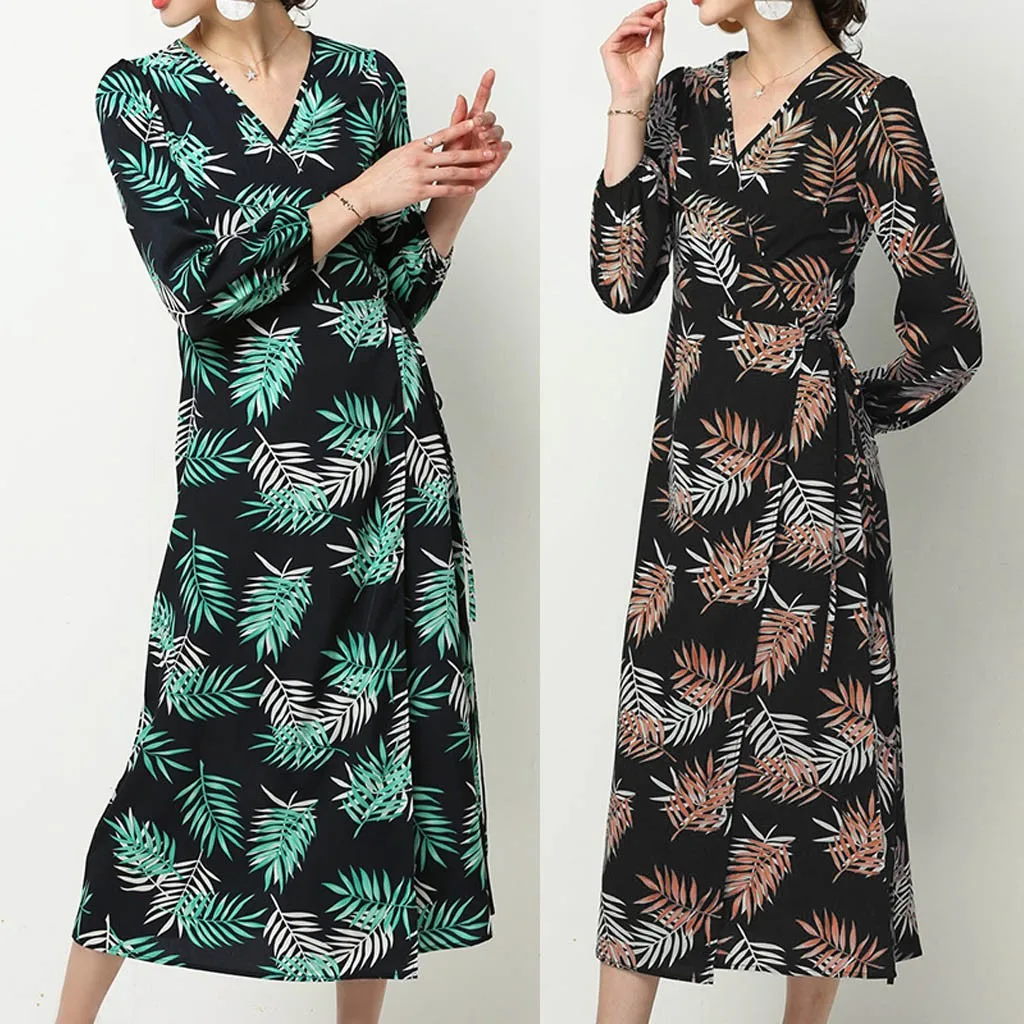 Feitong Женская Мода Vestidos крест размера плюс v-образным вырезом с длинным рукавом Листья печати Бандажное Длинное свободное Макси платье женское