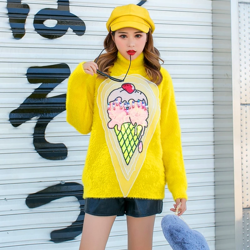 ^*Best Offers Thailand Tide brand ageing cartoon sequins heavy work sweater female high collar loose wear personalized knit shirt winter ^*Best Offers Thailand Tide brand ageing cartoon sequins heavy work sweater female high collar loose wear personalized knit shirt winter