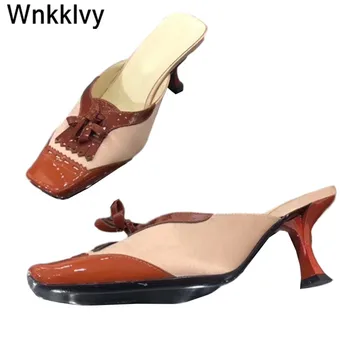 

Shoes women kitten heels 2020 dress party slippers sqaure toe sandals satin silk patchwork fringe tassel runway summer shoes