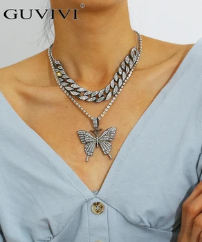 

Iced Out Butterfly Statement Necklace Set Cuban Link Rhinestone Tennis Chain Choker Necklace Bling Hip Hop Women Girls Jewelry