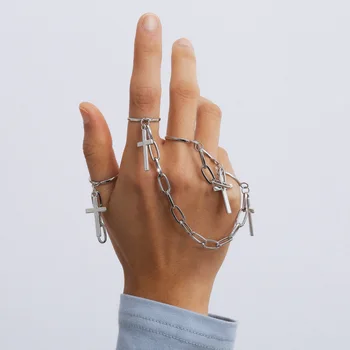 

Europe and America Ornament Retro Chain U-Shaped Mix and Match Hand Jewelry Creative Cool Cross Tassels Ring Set