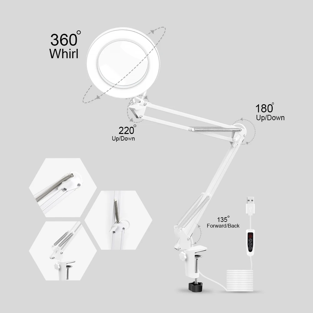 Newacoax USB 5X blanco plegable lupa abrazadera de mesa herramienta de tercera mano 3 colores LED l