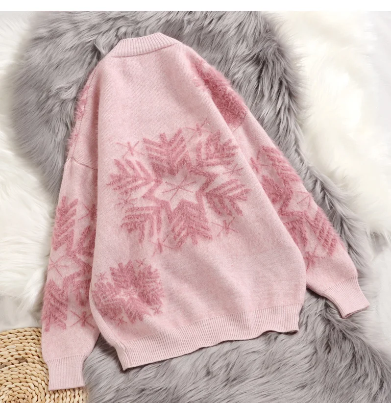 Hirsionsan Christmas Mohair Sweater Women Thicken Snowflake Pullover Winter Knitted Vintage Kawaii Soft Warm Casual Female Tops