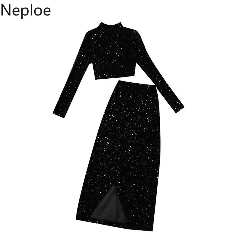 Женский комплект Neploe из 2 предметов: Топ с длинным рукавом и стоячим воротником+ юбка в стиле хип-хоп с высокой талией, Conjuntos De Mujer 48025