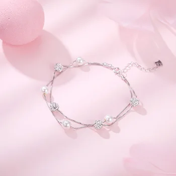 

925 Sterling Diamond Ball Shell Pearls Bracelets Women's Korean-style Crystals Synthesis Pearl Bracelets Elegant Jewelry