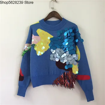 

Heavy Industry Sequins Tassel Sweater Fish Sequins Round Point Contrast Color Loose Knitting Shirt Lady