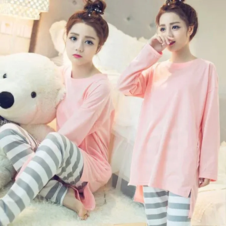 

Korean-style Spring And Autumn Long Sleeve Thin Mid-length Pajamas Women's Solid Color Cute Sweet Princess Homewear Set