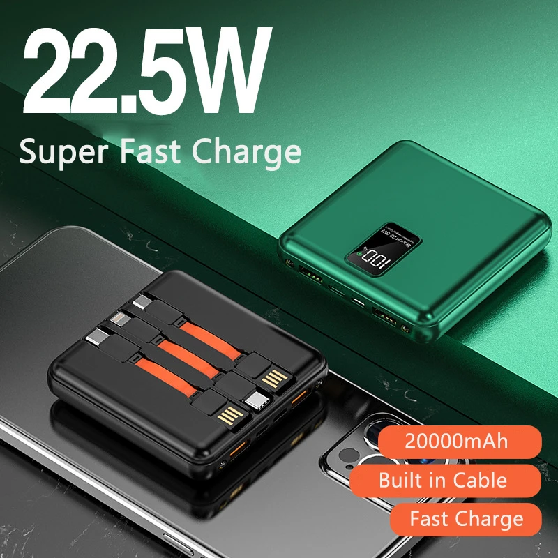 Mini Power Bank 20000mAh PD 22.5W Fast Charging for Huawei P30 P40 Powerbank with 3 Cables External Battery For iPhone 12 Xiaomi anker powercore 20000
