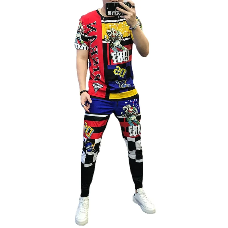 High-quality Men's Suit 2021 New Summer Ice Silk Material Astronaut Pattern T-shirt + Lace-up Trousers Casual Trendy Sportswear women loose fashion harajuku street denim pants 2021 high waist love print straight blue jeans retro mopping trousers split ends