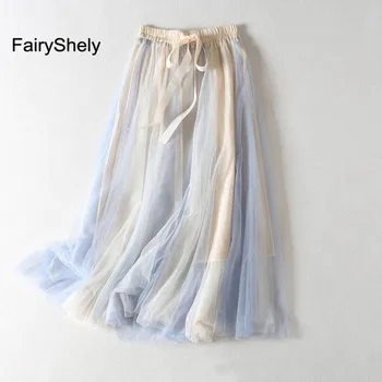 

FairyShely 2020 Tulle Pleated Long Skirt Women Summer Elastic Band High Waist Irregular Mesh Skirt Gradient Blue Voile Skirt