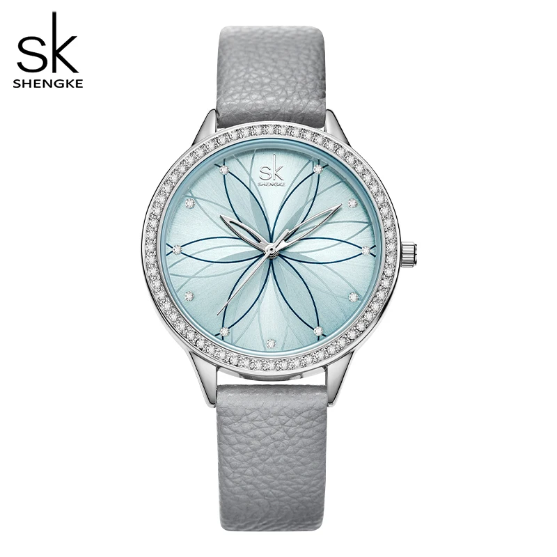 

Shengke Fashion Casual Leather Watches Bracelet Watch Flowers Pattern Watches Simple Ladies Small Dial Quartz Wristwatch