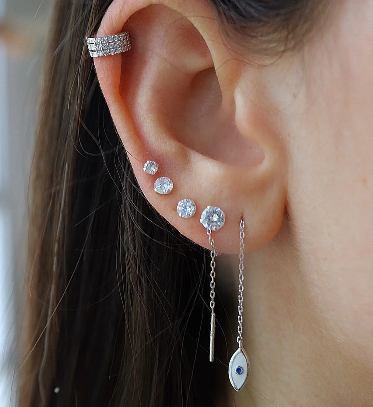 Tassel chain earring Silver Rose gold Color Cute tiny turkish evil eye charm Thin Threader chain earrings for women