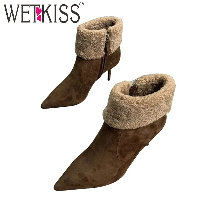 

WETKISS High Heels Ankle Boots Women Faux Fur Booties Party Zip Shoes Female Pointed Toe Shoes Ladies Winter 2020 Plus Size 45