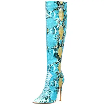 

Multicolor Snake Print Knee High Boots Faux Leather Super High Heel Long Boots Women Fashion Pointed Toe Autumn Winter Shoes