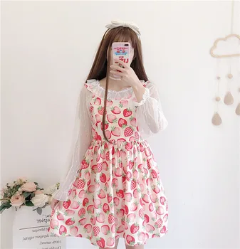 

Japanese college style sweet lolita dress cute strawberry printing high waist victorian dress kawaii girl gothic lolita jsk cos