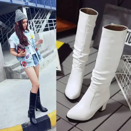 shows thin and thick medium heel high boots children's white boots pointed boots women's knights boots autumn and winter