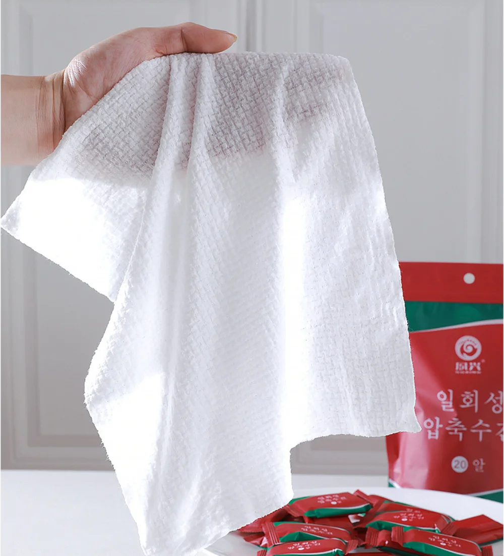 Toalha de rosto descartável engrossada do tamanho do curso da toalha 20 pces comprimido, algodão puro, toalha de limpeza da roupa do curso