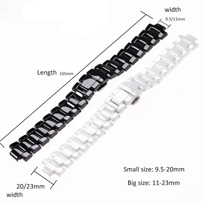 Elegant Black and White Ceramic Watch Strap, 20mm/23mm,