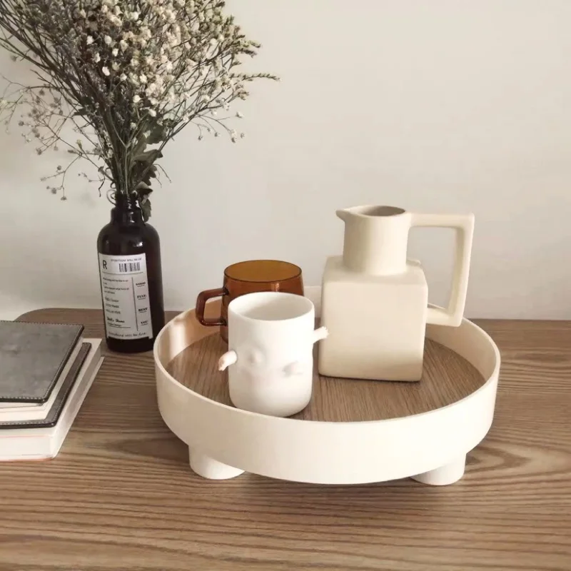 

Morandi Color Tray Round Storage Rack Simple Snacks Sundries Fruits Household Tea On The Table Wooden Basket Nordic Style