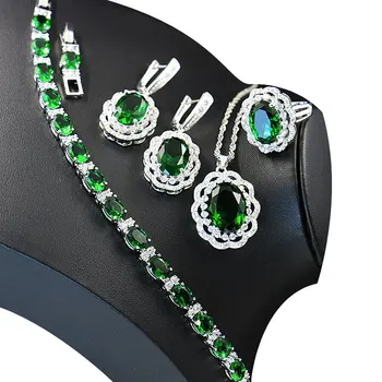

Green Emerald 925 Silver Bridal Jewelry sets For women Necklace Earrings Ring Bracelets For Birthday Gift