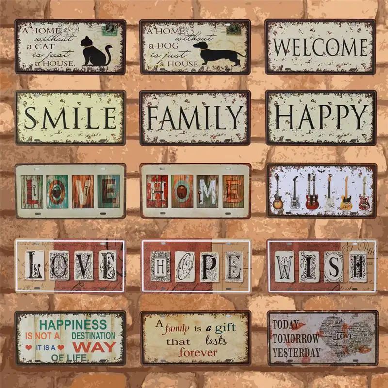 

Welcome Family Home House Cat Tin Sign Musical Instrument Car License Plate Pin Up Signs Bar Cafe Home Wall Decor Plaque 15x30cm