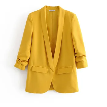 

HStar women elegant white black green blazer crimping three quarter sleeve outerwear notched pocket office jacket