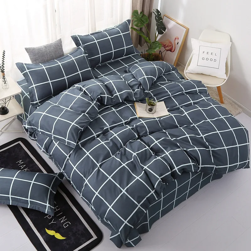 Pure Color Plaid Printed Bedding Sets 4pcs 100% Polyester Bedding Sets Duvet Cover Bed Sheet Bed Clothes with Pillowcases