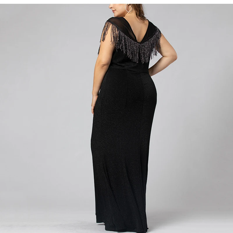 MD African Women Black Dress Plus Size Tassel Maxi Dresses Wedding Evening Skinny Dress Fashion Female Clothes