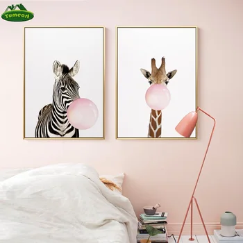 

Bubble Chewing Gum Giraffe Zebra Animal Posters Canvas Painting Wall Art Nursery Decorative Picture Kawaii Kid's Room Decor