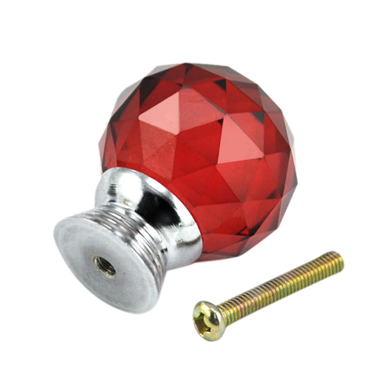 Fashion-2pcs Crystal Glass Door Knobs Drawer Cabinet Furniture Kitchen Handle- red