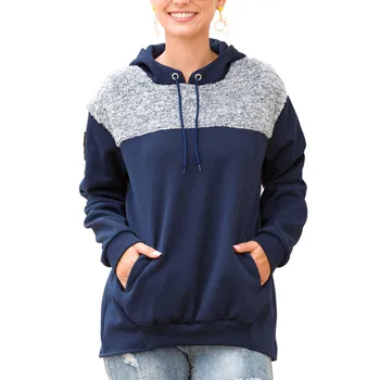 

Women Sweatshirt Hooded Long Sleeve Pocket Pullovers Casual Patchwork Color Block Tops Drawstring Female Autumn Winter Warm