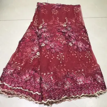 

Red High Quality 2019 Tulle French Lace Pearls Fabrics 3D Embroidered African Nigerian Lace Fabric For Party Dress