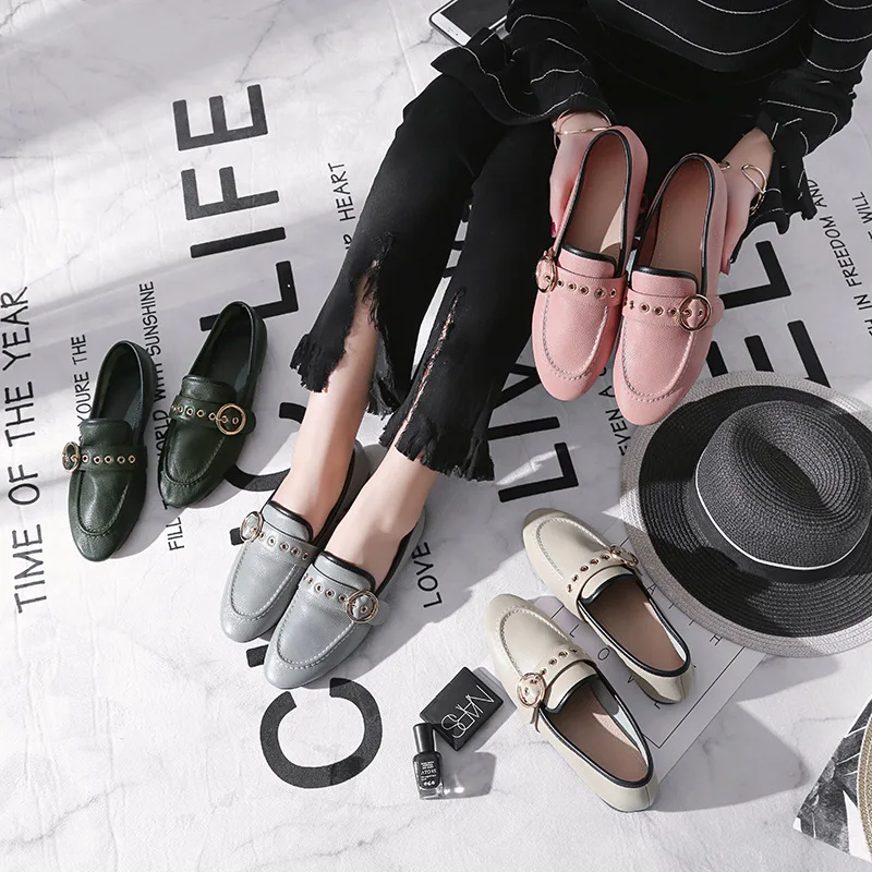 

2019 Spring New Style WOMEN'S Shoes Slip-on round Buckle round-Toe Flat Heel Women's Versatile Flat British Style Really Versiti