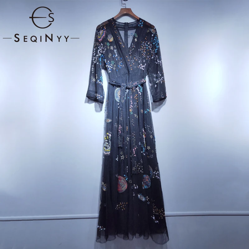 

SEQINYY Black Elegant Dress 2020 Summer Spring New Fashion Design Women Half Sleeve Mesh Luxury Beading Embroidery Flowers Dress