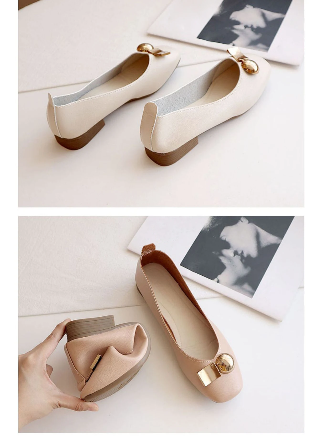 2022 Womem Soft Leather Flat Square Toe Shallow Slip on Shoes New Fashion Summer Casual Metal Decoration Dress Ladies Footwear embellished bow heeled slingbacks	