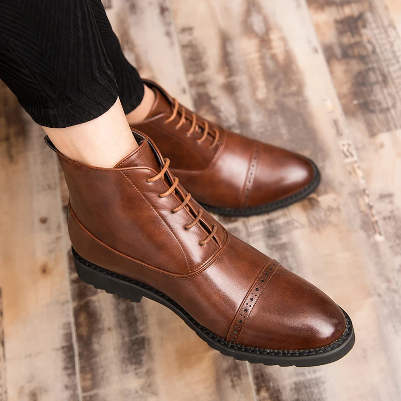 Zapatos informales de cuero para hombre, botas altas estilo inglés, botines  sólidos Oxfords con cordones para exteriores, IV|Zapatos oxford| -  AliExpress