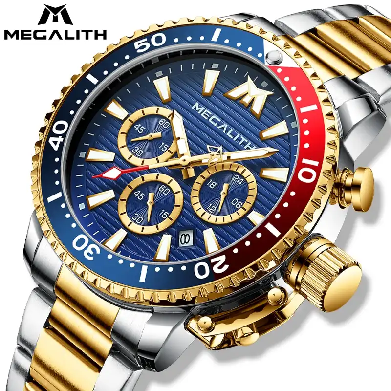 Megalithゴールドメンズ腕時計トップブランドステンレススチール時計男性スポーツクロノグラフウォッチ防水発光クォーツ腕時計男性 クォーツ時計 Aliexpress