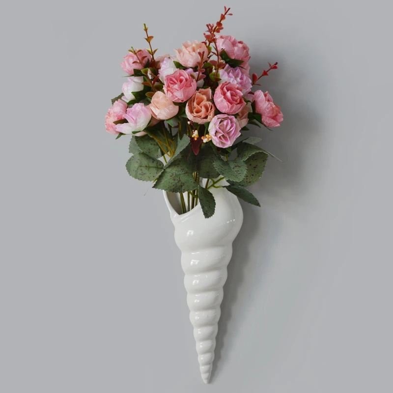 Modern White Ceramic Sea Shell Conch Flower Vase Wall Hanging Home Decor Living Room Background Wall Decorated Vase