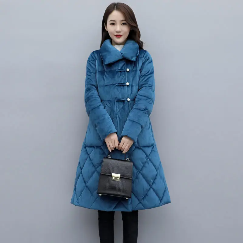 blue Gold Velvet Cotton Padded Coats Women Winter New Vintage Jacket Slim Long Elegant A-line Warm Down Cotton Parka Mujer f2211 - Цвет: blue