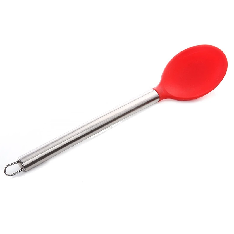 Silicone Serving Spoon- With Strong Silicone Covering Head& Stay-cool Stainless Steel Handle Red+ silver