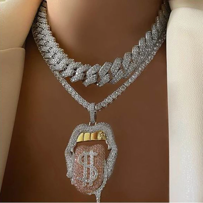 1 цепи из нержавеющей стали 5A CZ сексуальный рот кулон ожерелье долларов символ