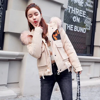 

Woman Short Down Jacket Hooded Autumn Winter Coat Women Korean Racoon Fur Collar Womens Jackets Abrigos Mujer KJ1006
