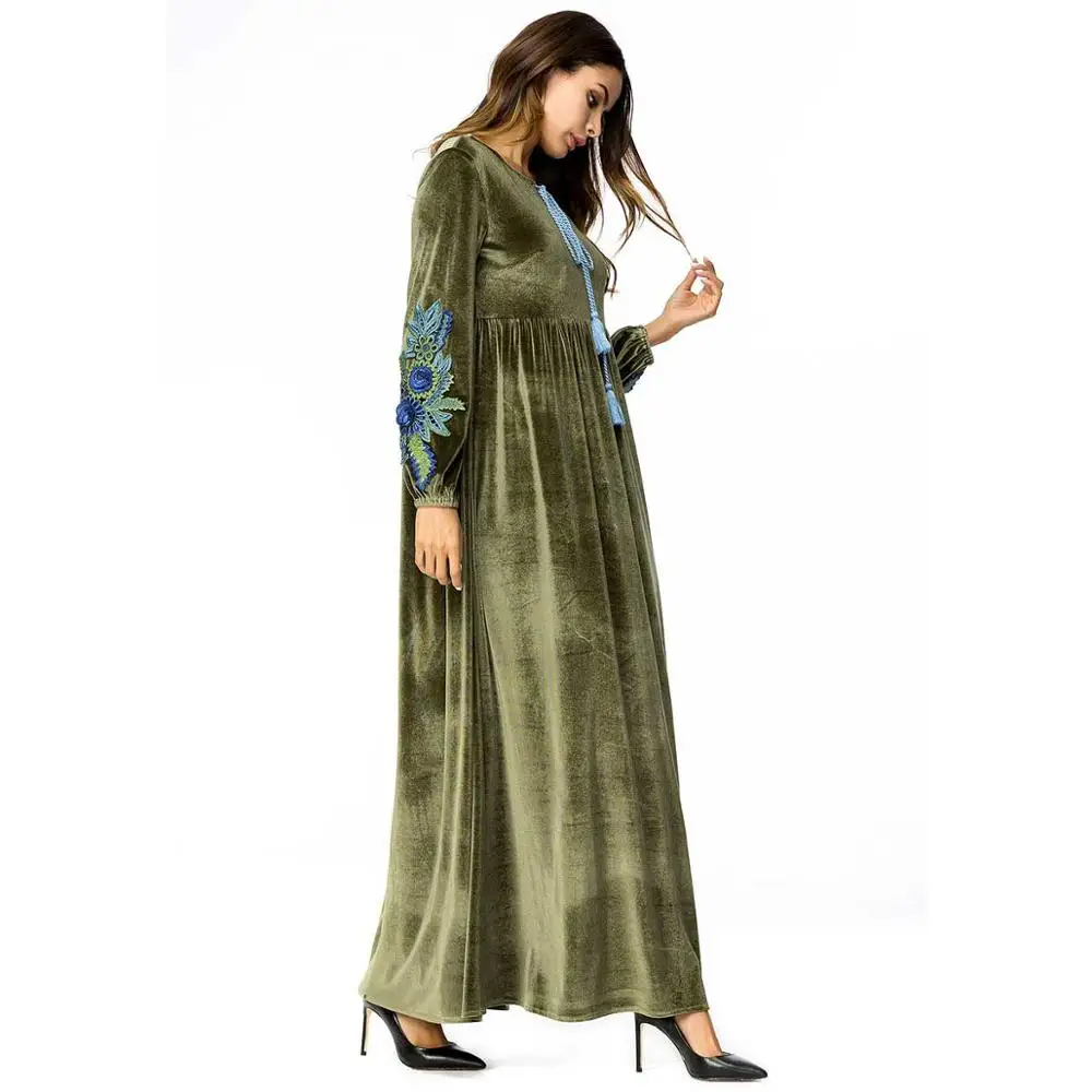 Женское бархатное платье больших размеров с вышивкой, зимнее макси платье, длинное хиджабы, мусульманское свободное платье, дубай, арабский исламский туб VKDR1372