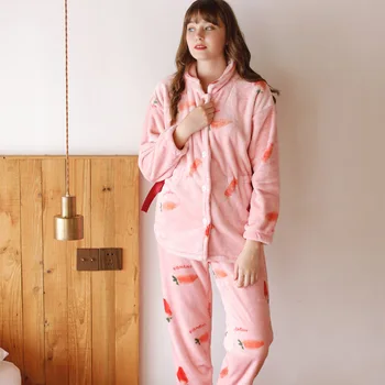 

Women's Pajamas Cute 2 Pieces Warm Flannel Pajamas Set Carrot Thickening Sleepwear Female Winter Home Clothes Cute Nightwear