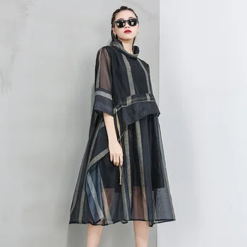 

WOMENGAGA 2020 summer the new Striped hedging dress Personality stitching Large swing type irregular trend girl female q0012