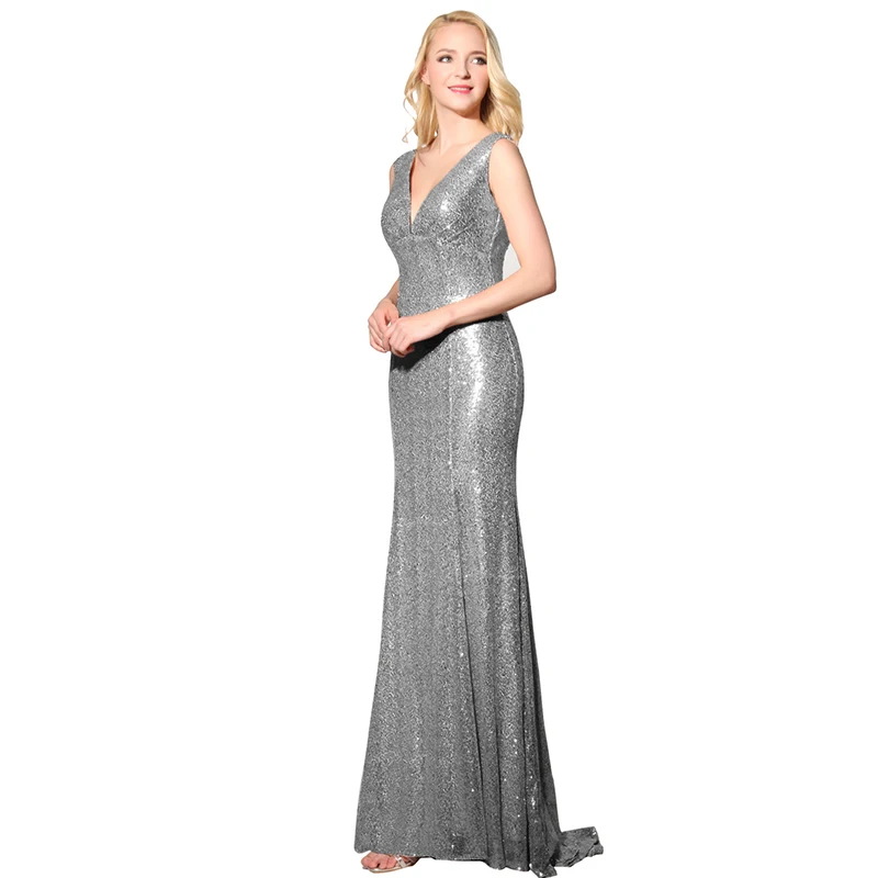 Silver Элегантные блестящие вечерние платья с блестками и русалочкой, длинное вечернее платье без рукавов с v-образным вырезом, женское свадебное платье на шнуровке, Vestidos SD351 - Цвет: Silver
