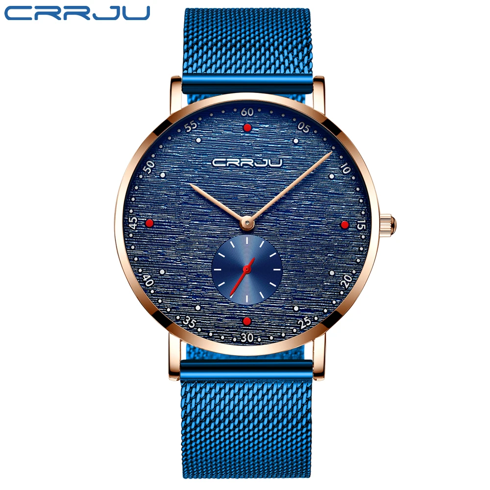 Kopen CRRJU Mannen Horloge Mode Eenvoudige Ultra dunne Roestvrij Stalen Mesh Band Quartz Horloge Casual Waterdichte Mannelijke Klok Cadeau voor Mannen